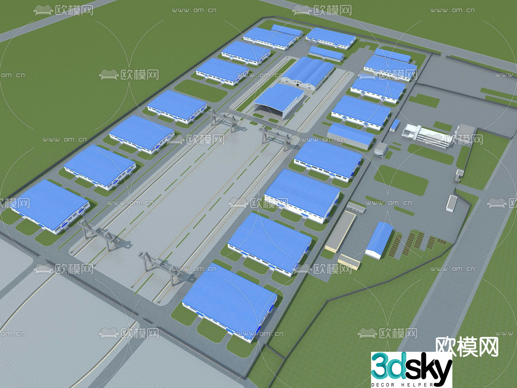 Aerial view 3D model of factory building