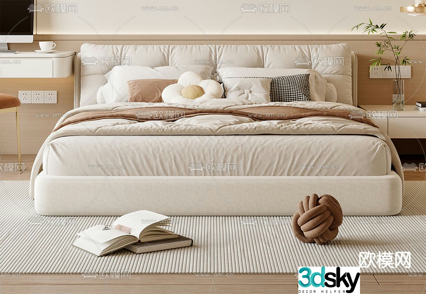 Cream style double bed 3d model