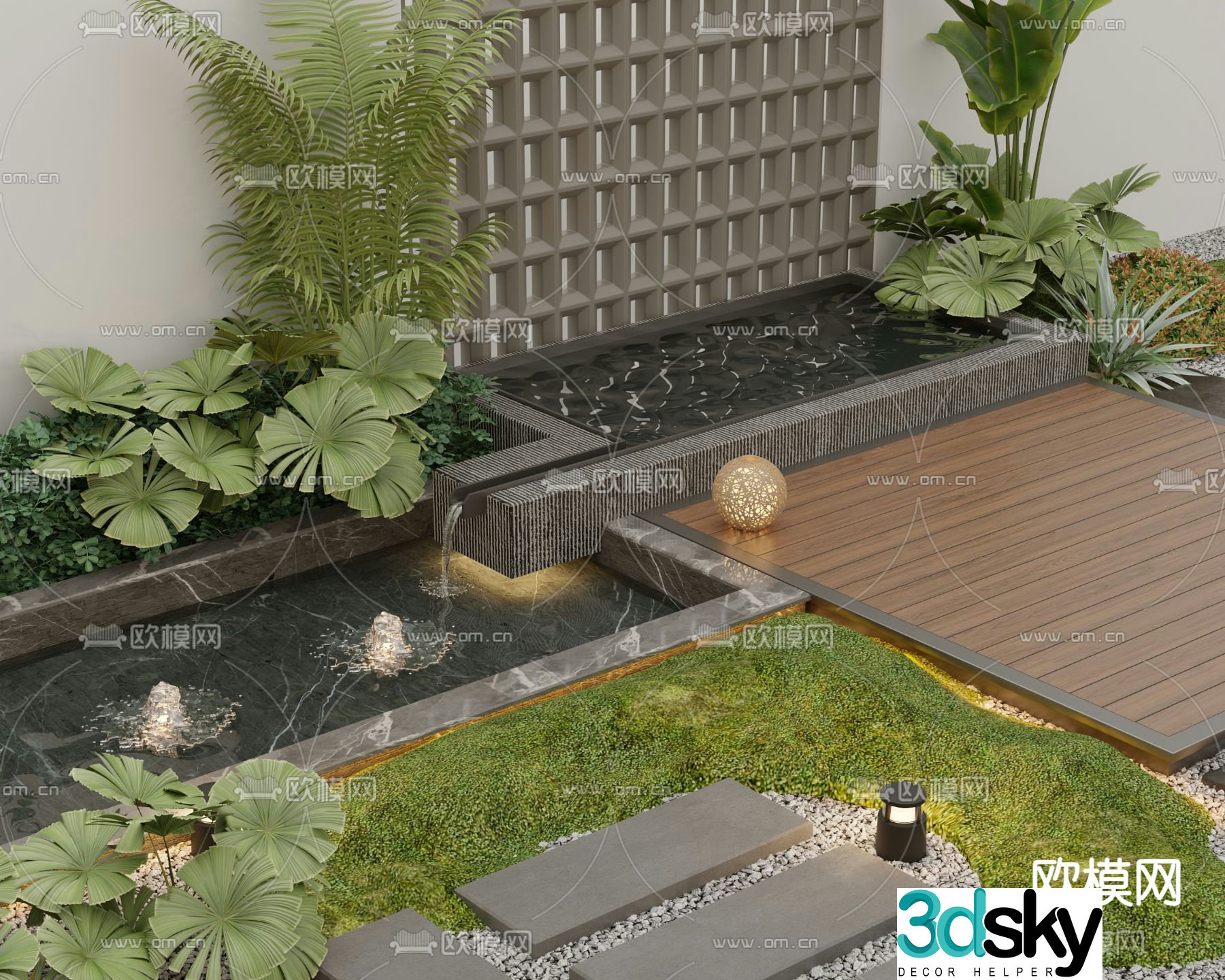 Garden pool water feature fountain water 3d model