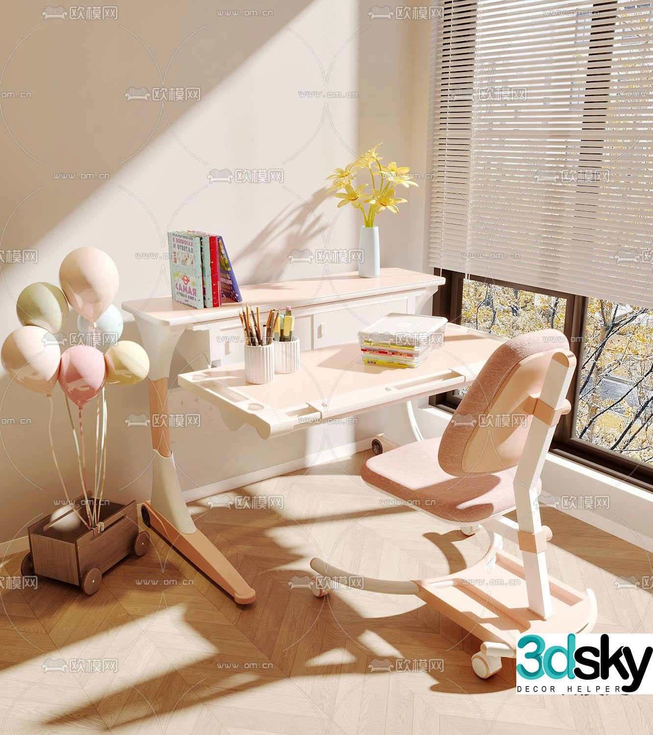 Cream style children’s table lift table study table 3d model