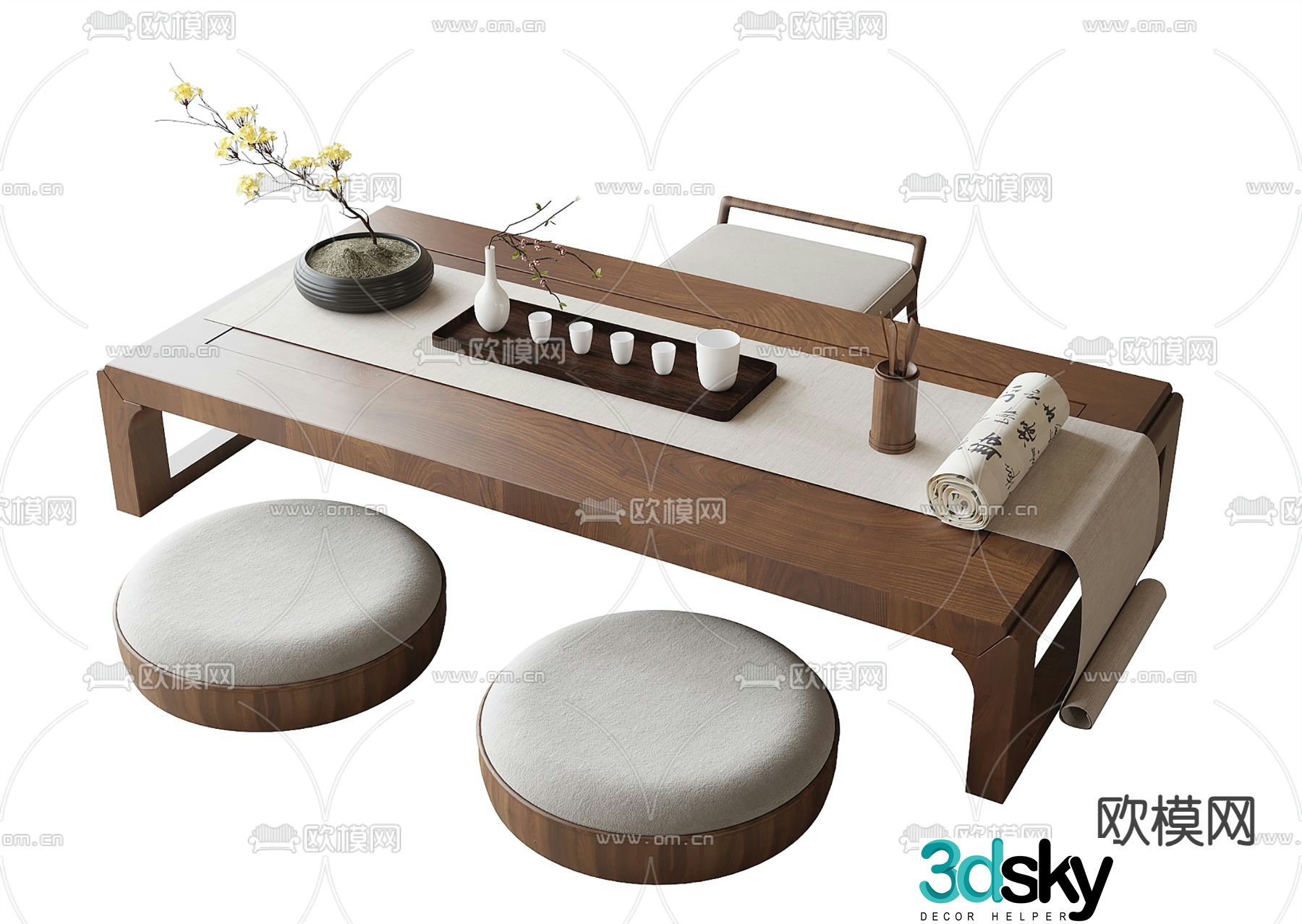 Tatami tea table and chairs 3d model