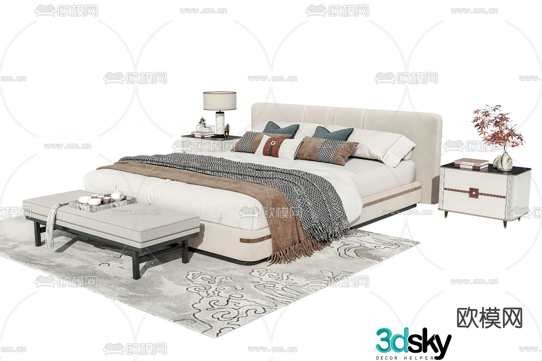 New Chinese style double bed 3d model