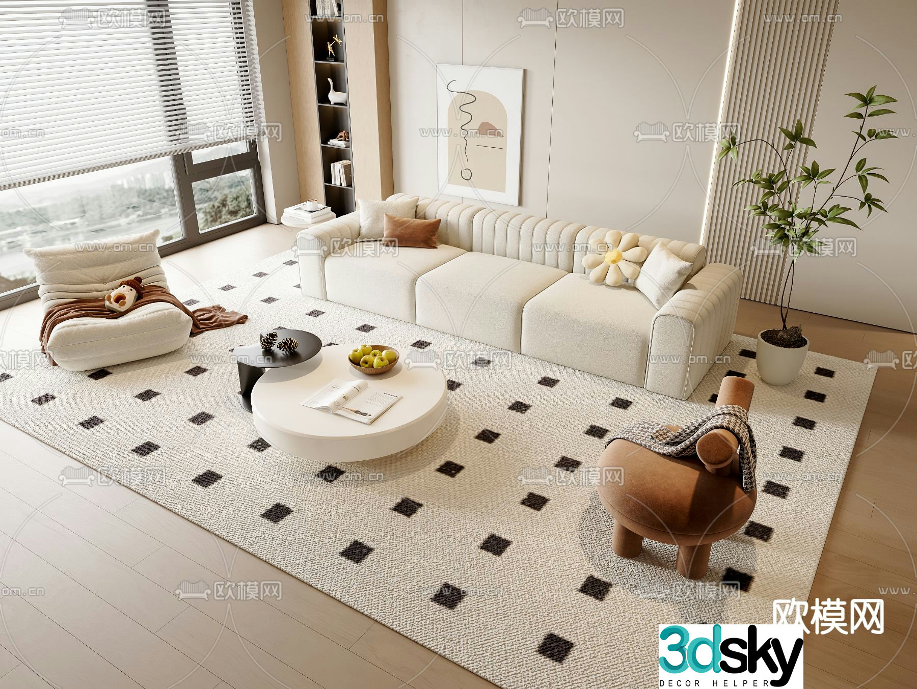 Cream sofa combination three-person sofa 3d model