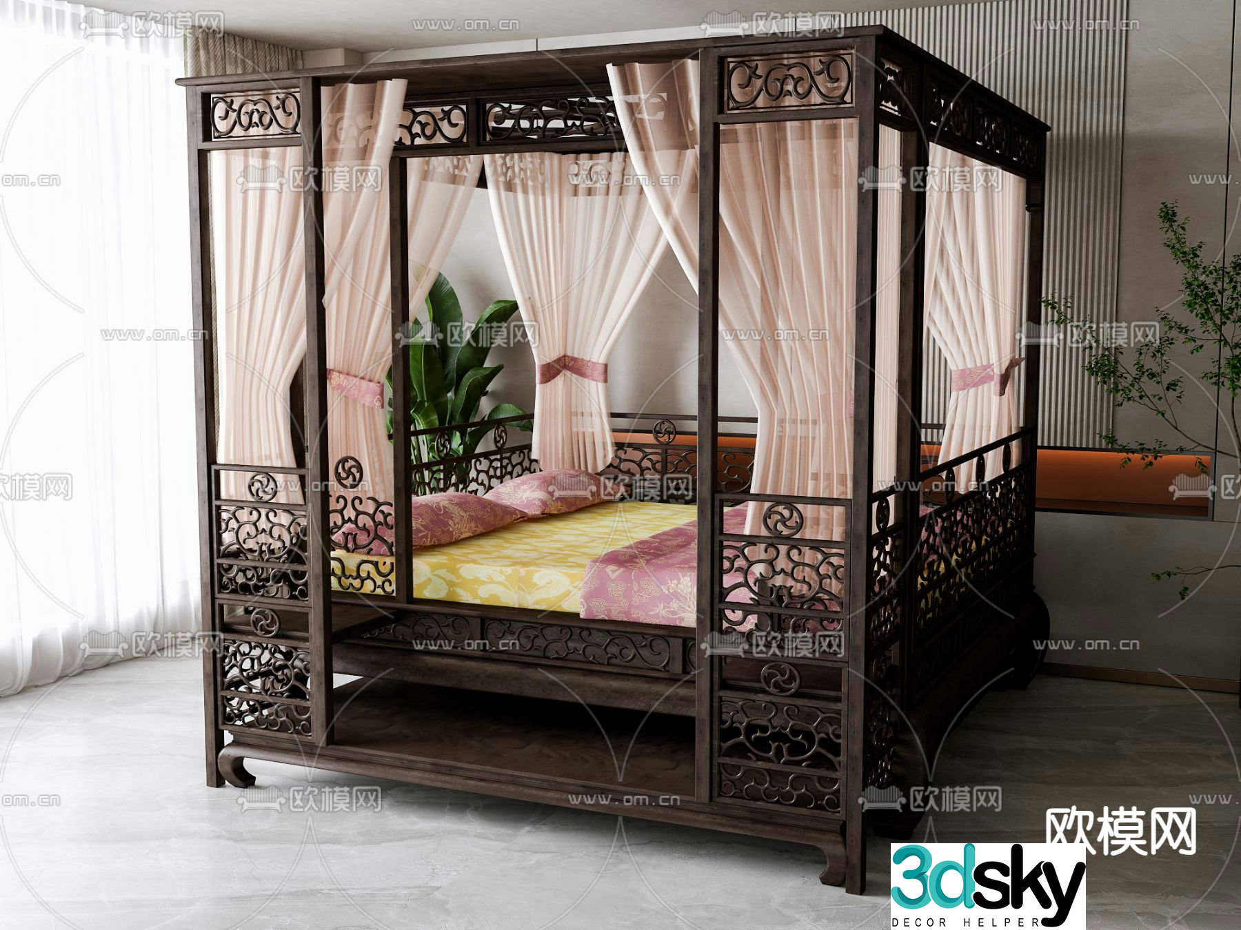 New Chinese style double bed 3d model