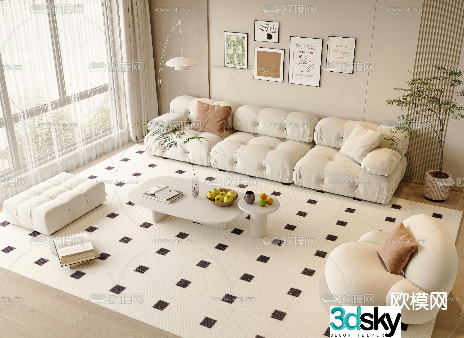 Cream sofa combination three-seat sofa 3d model