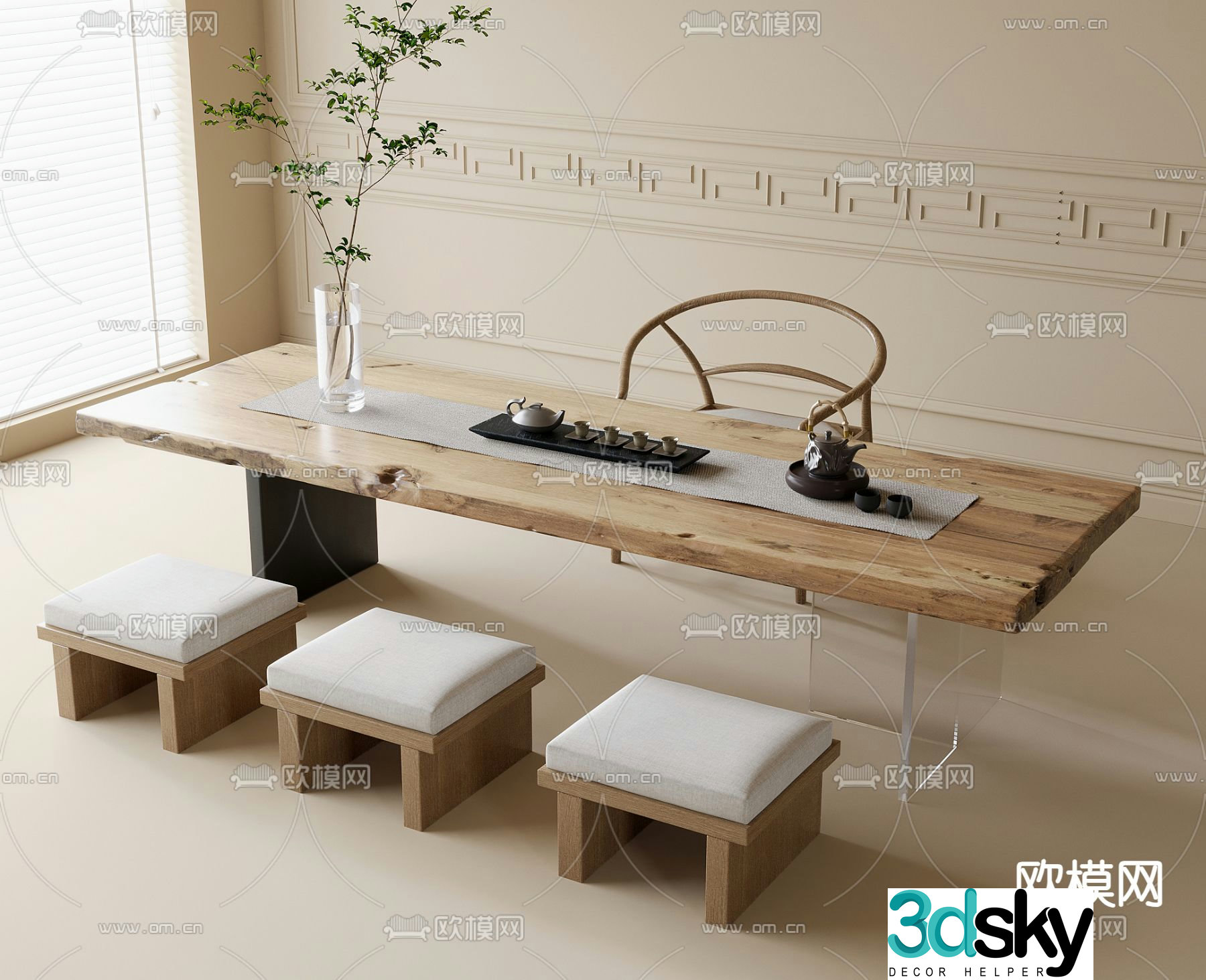 Modern tea table and chairs solid wood tea table 3d model