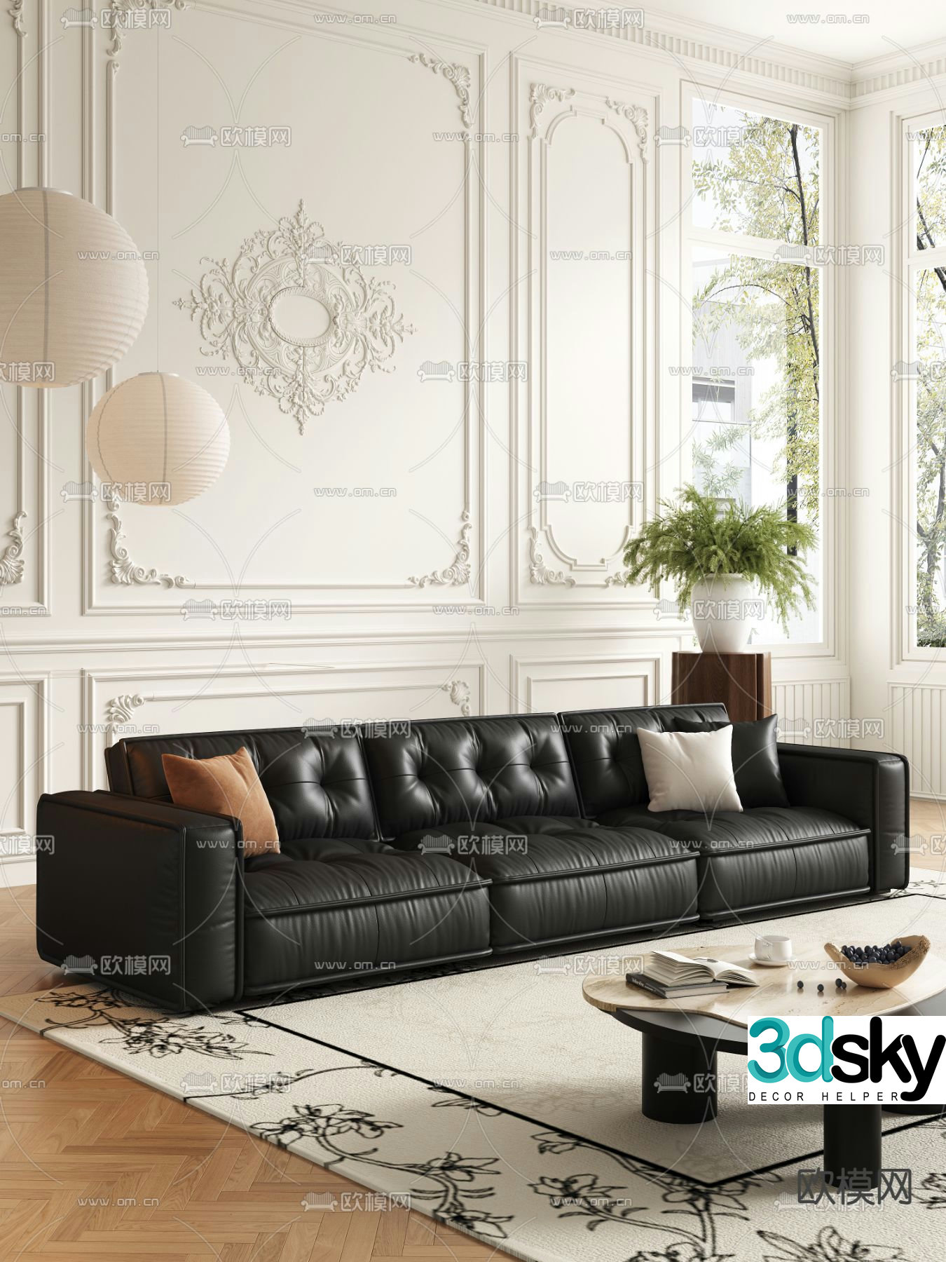 French three-seat sofa leather sofa 3d model