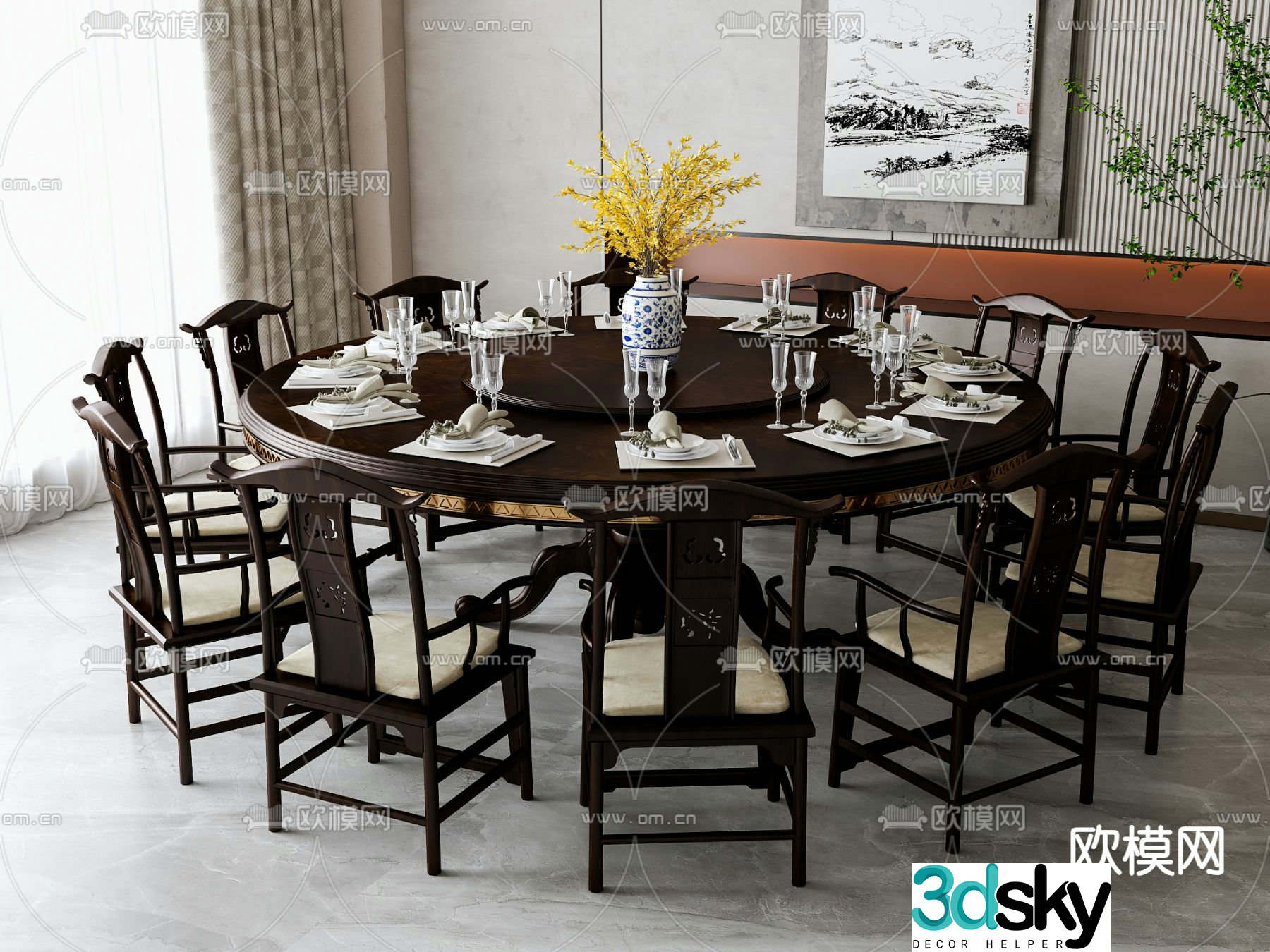 New Chinese dining table and chairs 3d model