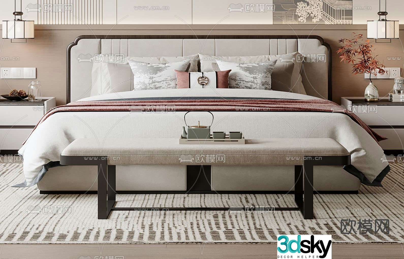 New Chinese style double bed 3d model