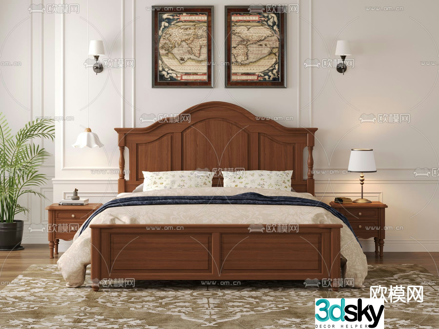 American mahogany double bed 3d model