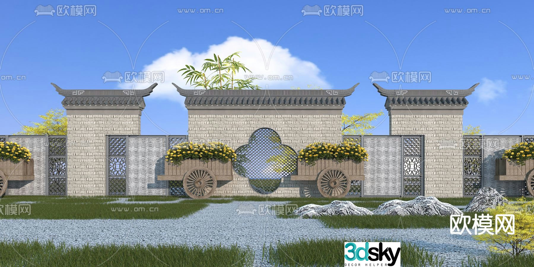 New Chinese style landscape wall outdoor landscape wall ancient building landscape wall 3D model