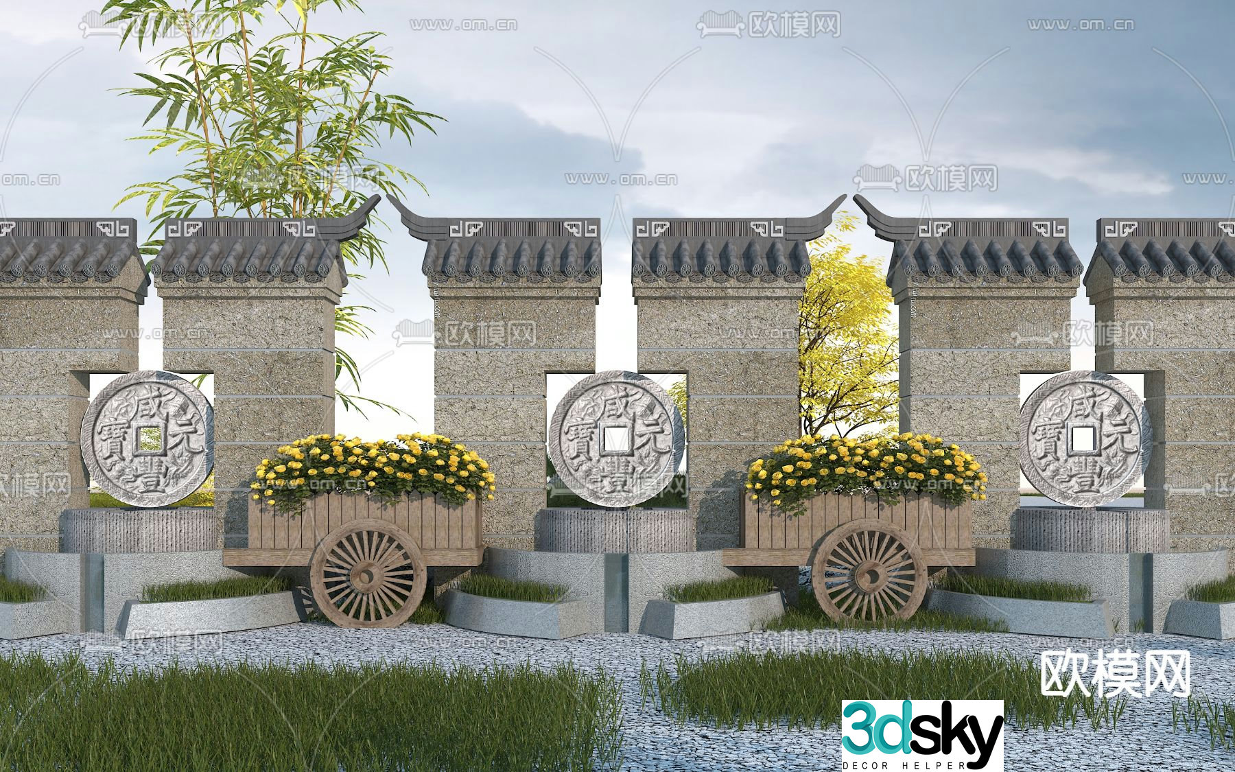 New Chinese style landscape wall outdoor landscape wall ancient building landscape wall 3D model