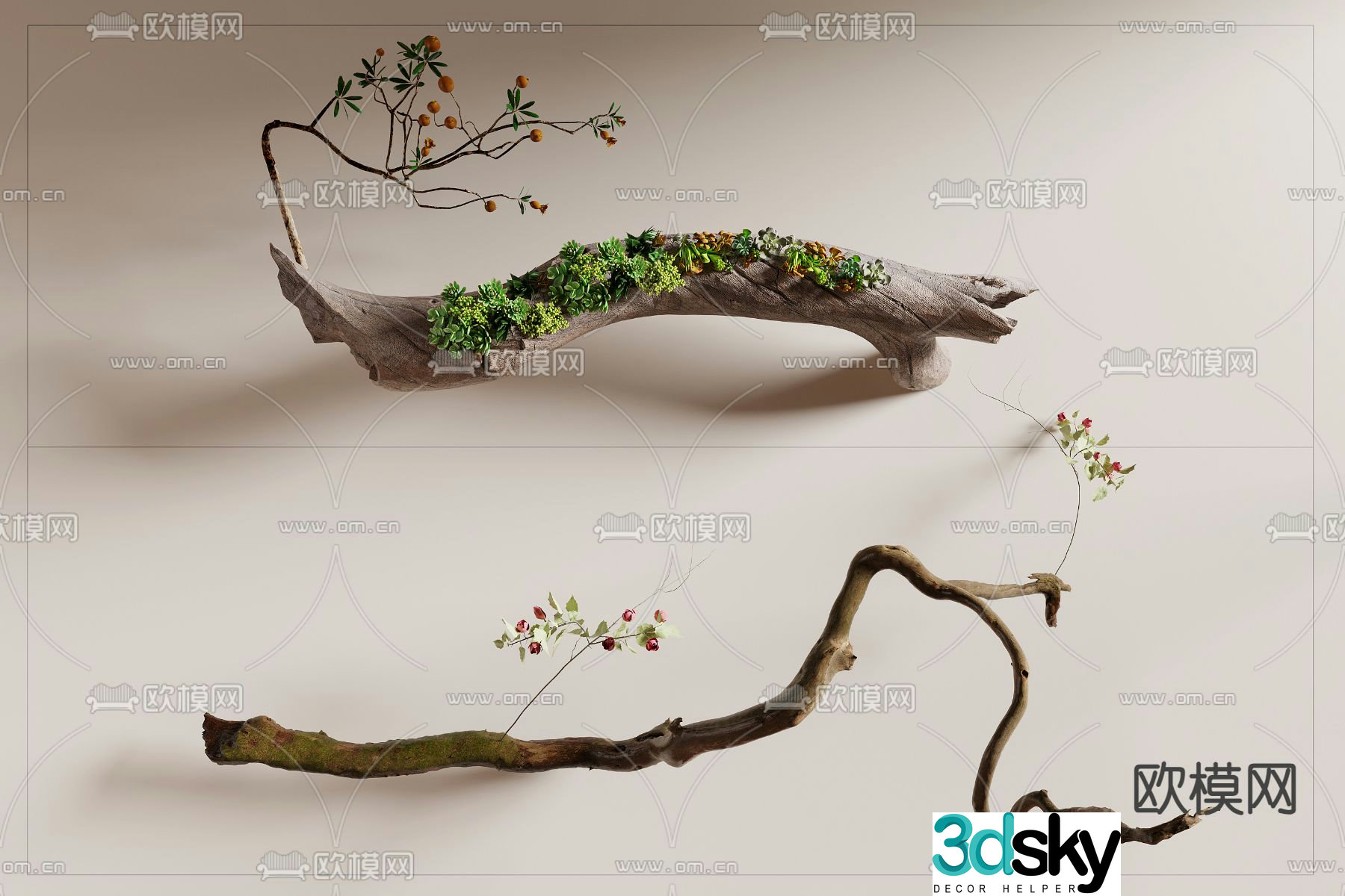 Dead wood and green plant ornaments old wood dead branches 3D model