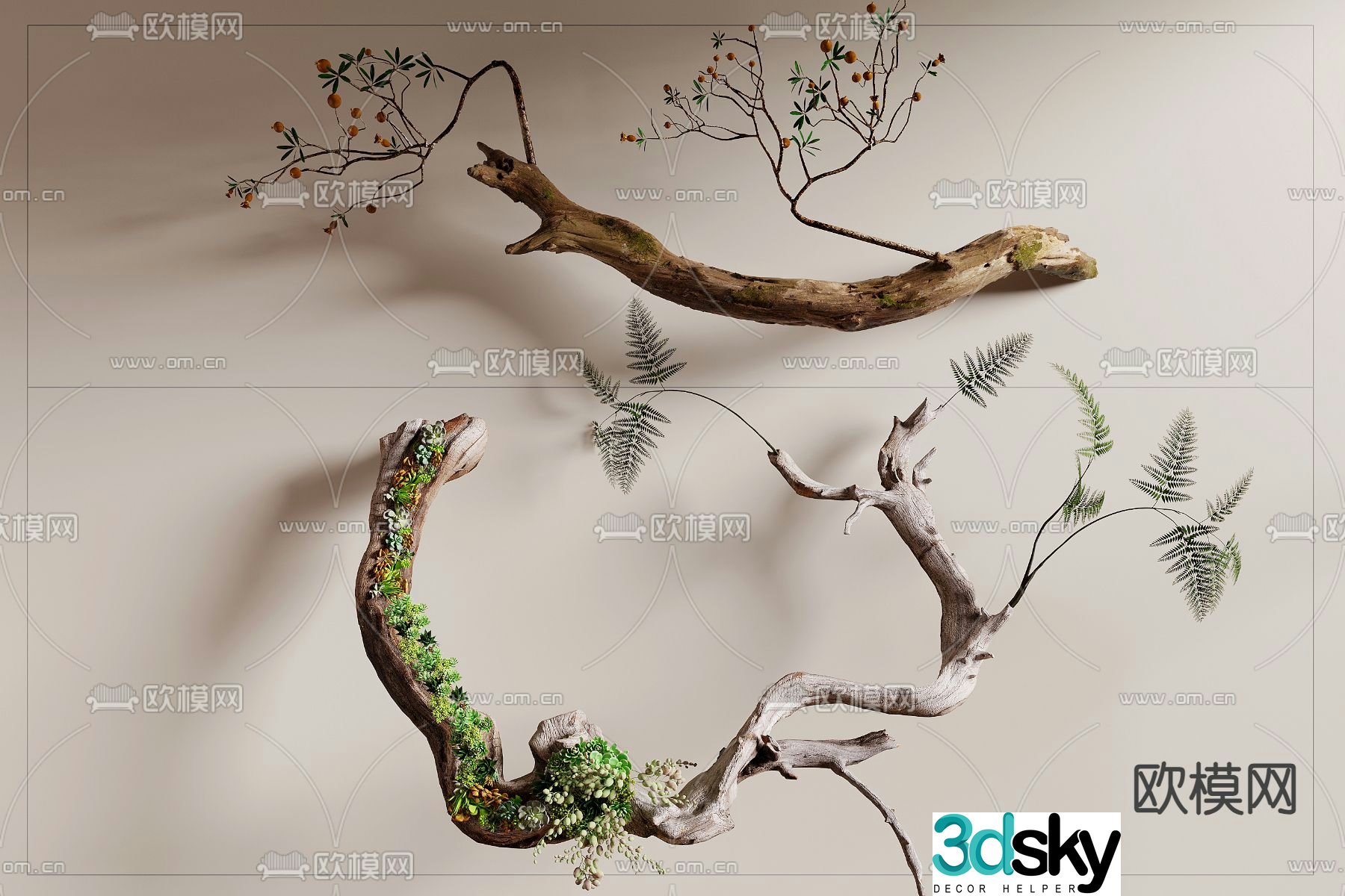 Dead wood green plants old wood dead branches 3d model