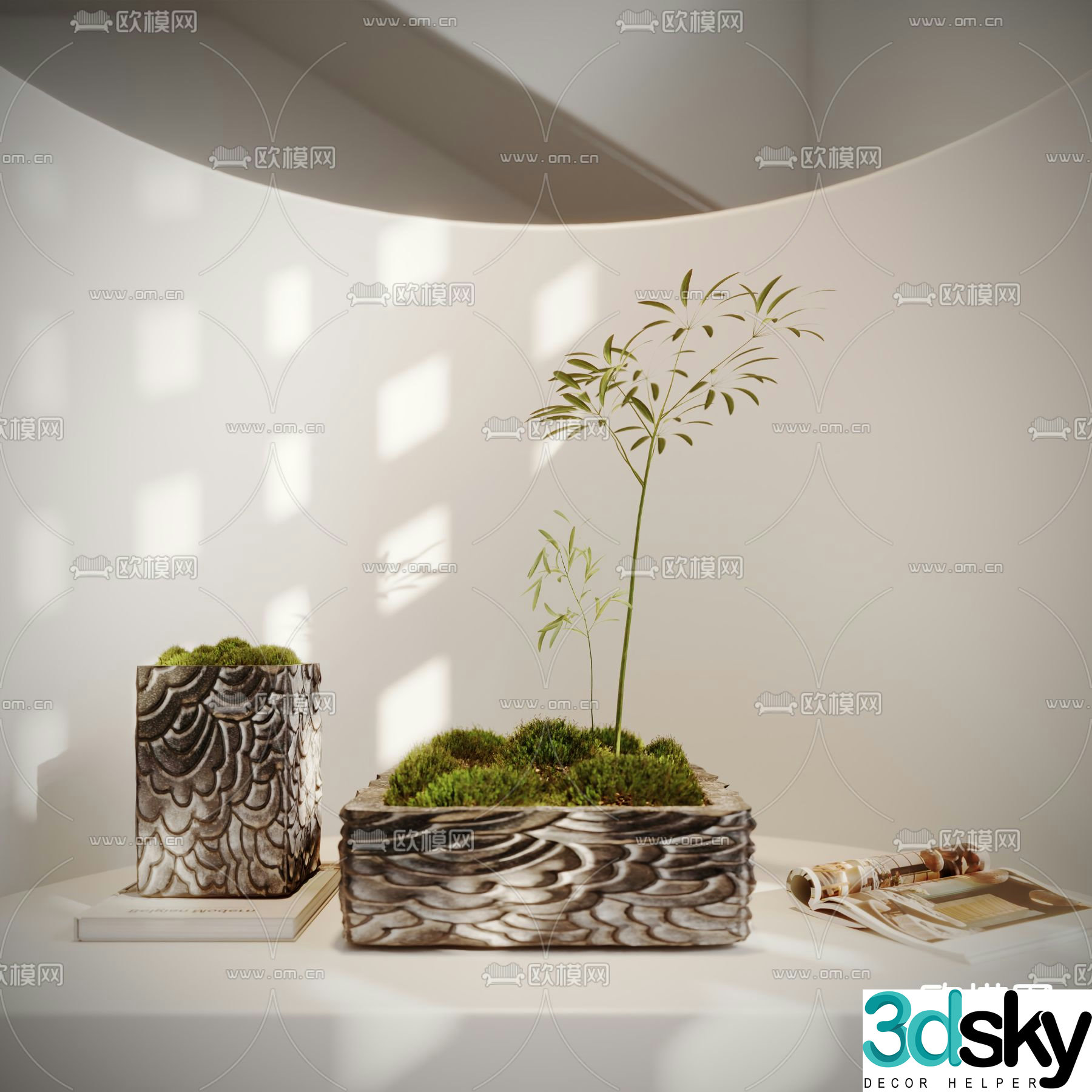 New Chinese style moss sketch potted plant 3d model