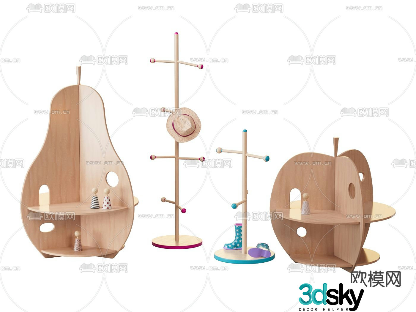 Children’s solid wood storage rack coat rack 3D model