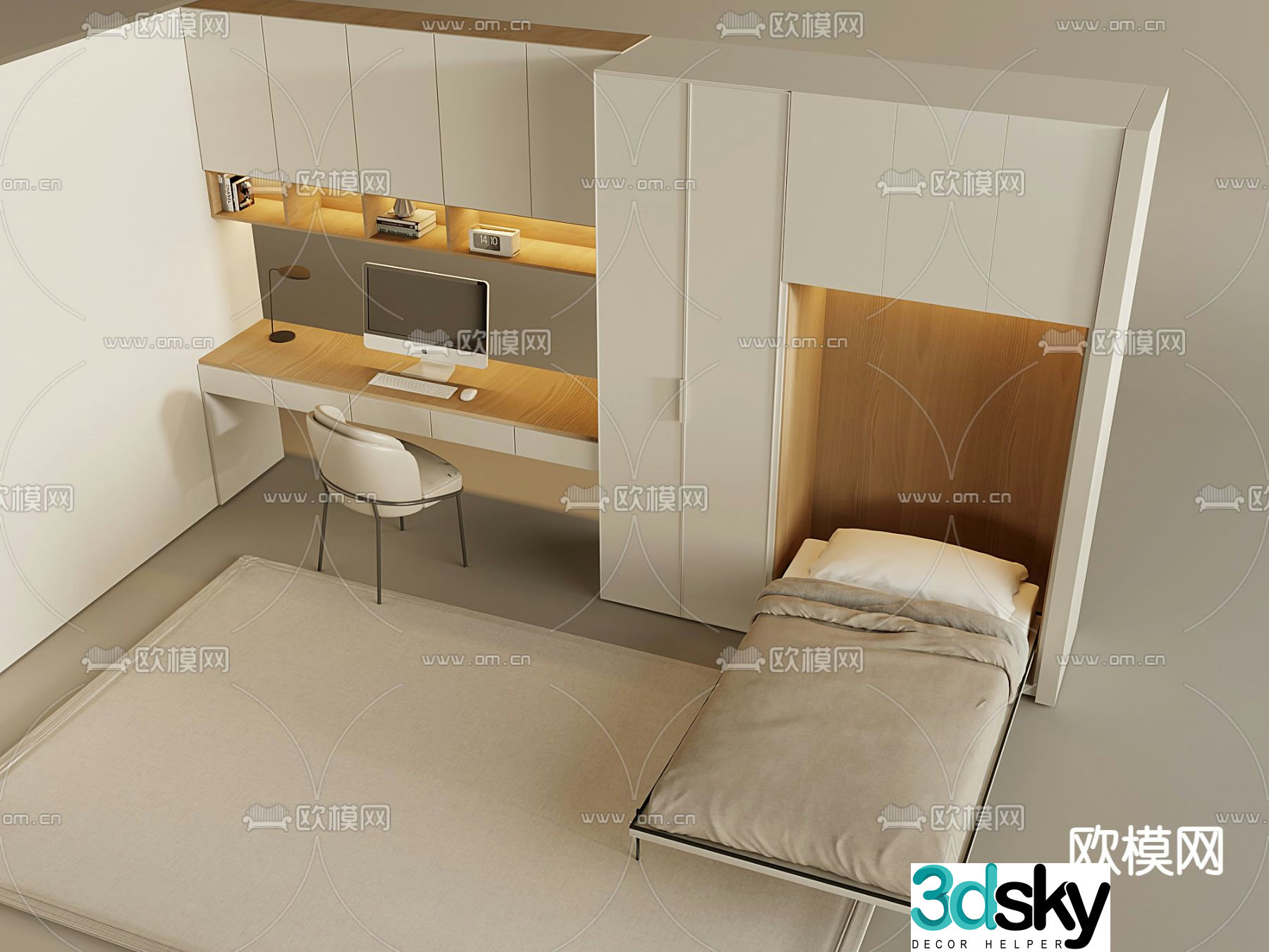 Cream invisible bed Wardrobe integrated bed Folding bed 3D model