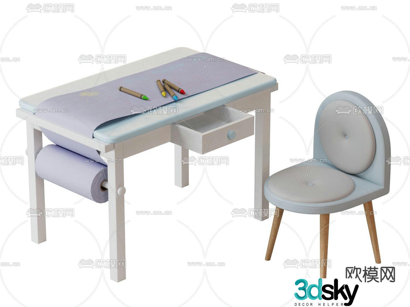 Children’s study table desk chair 3d model