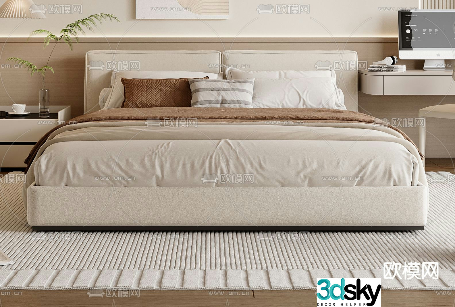 Cream style double bed 3d model