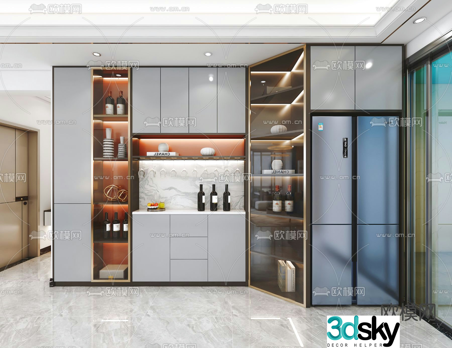 Wine cabinet and refrigerator integrated 3D model