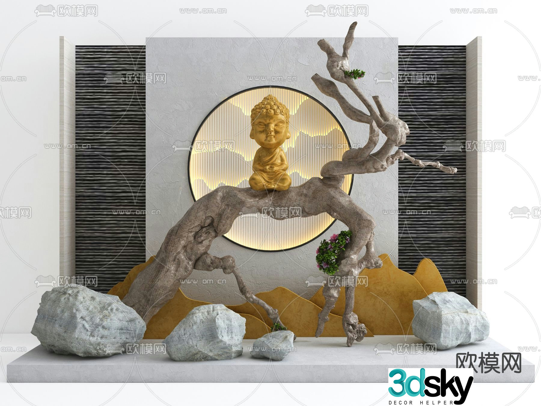 Landscape sketches Buddha sculptures landscape wall 3D model