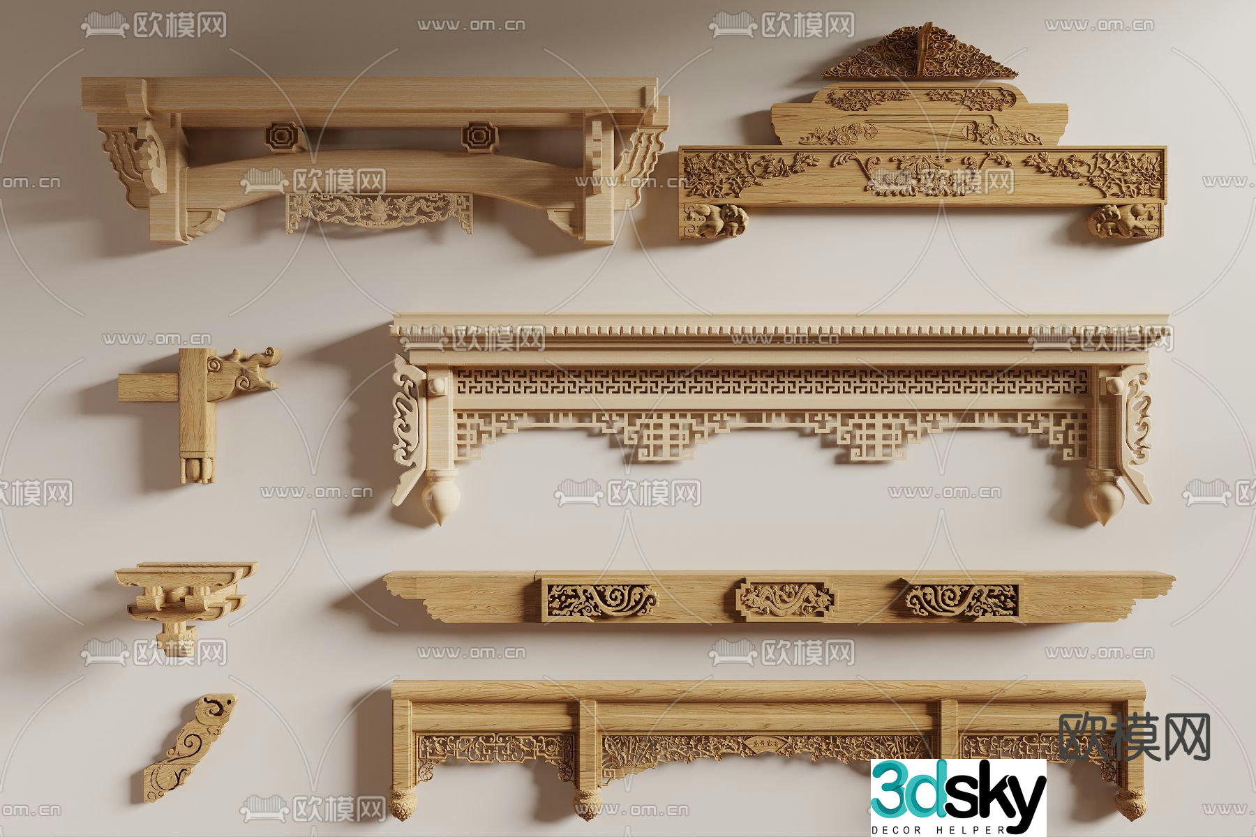 Carved beams brackets mortise and tenon structure 3D model