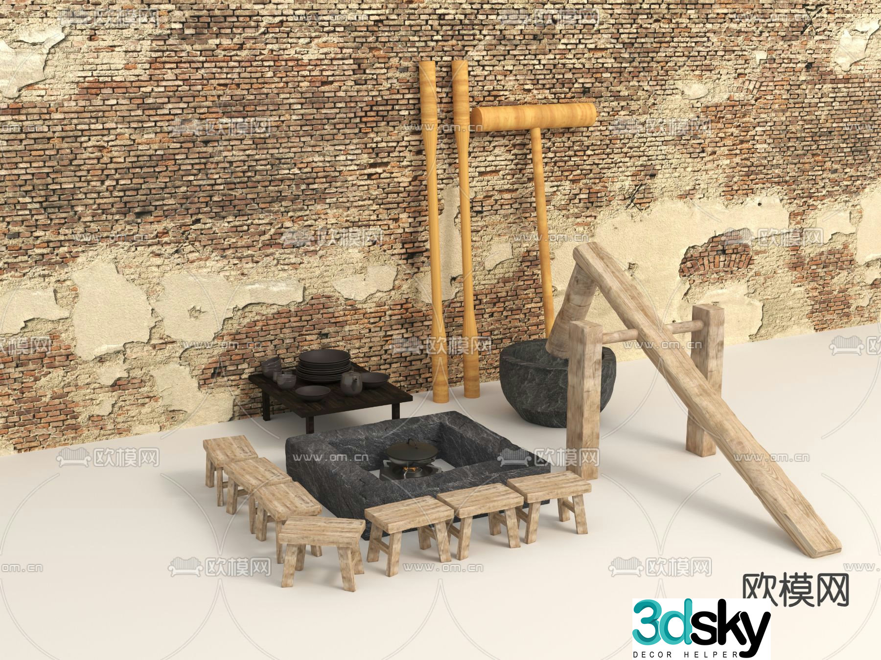Farm tools sketch oil tea rice cake making stone mortar 3D model