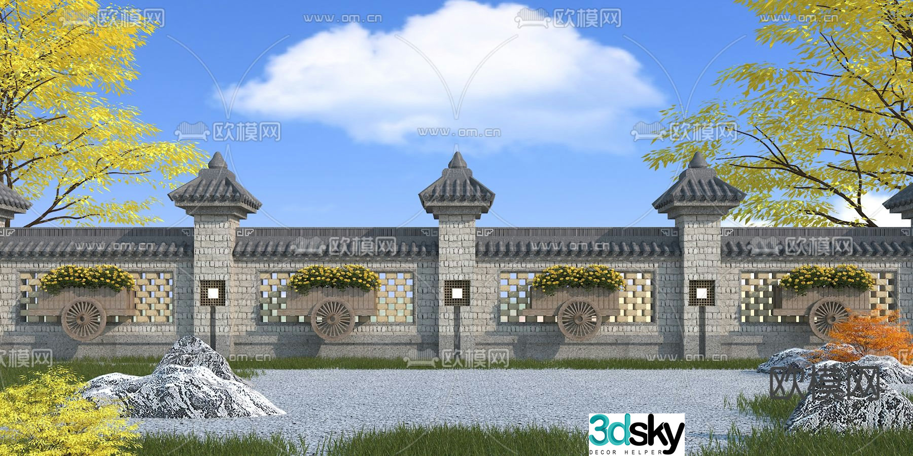 Chinese style landscape wall outdoor landscape wall ancient building landscape wall 3D model