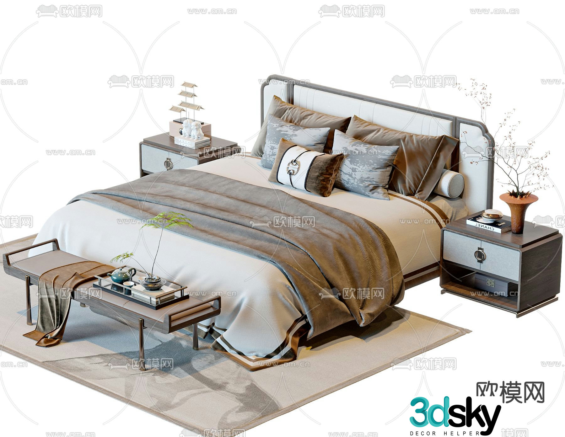 New Chinese style double bed 3d model