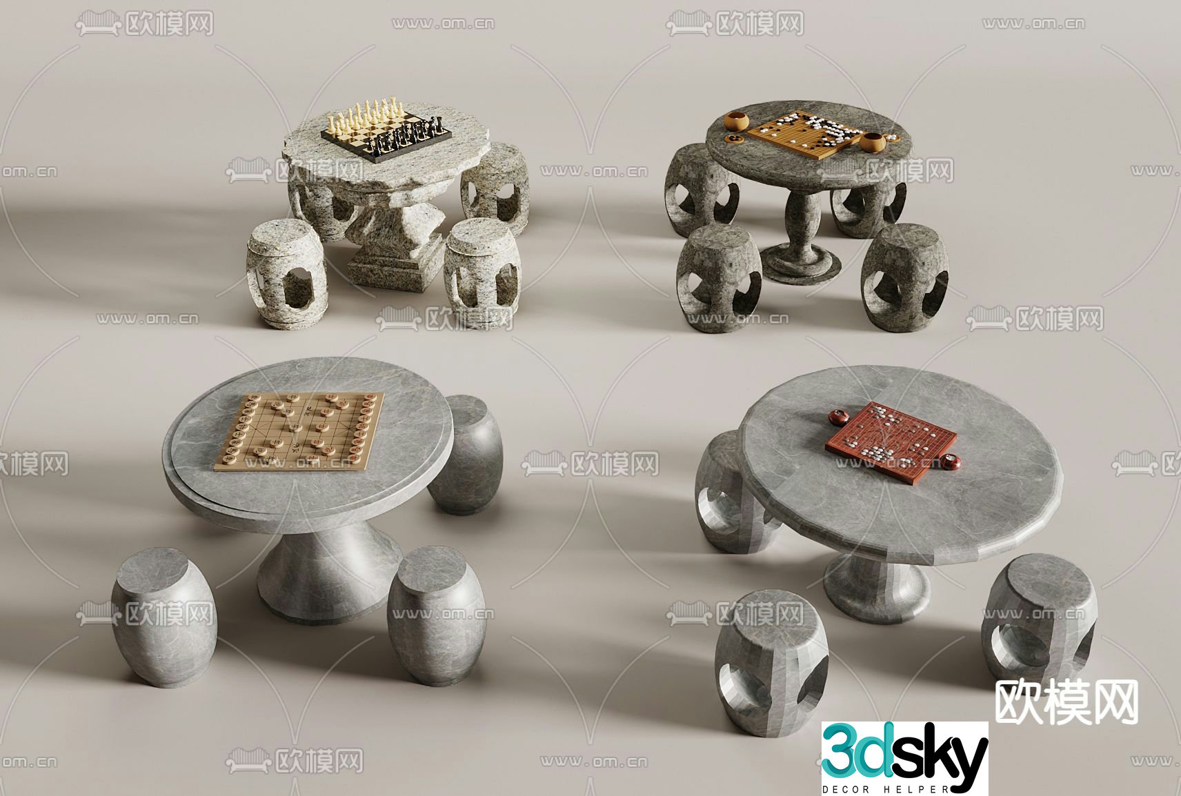 New Chinese style stone table outdoor table and chair 3D model