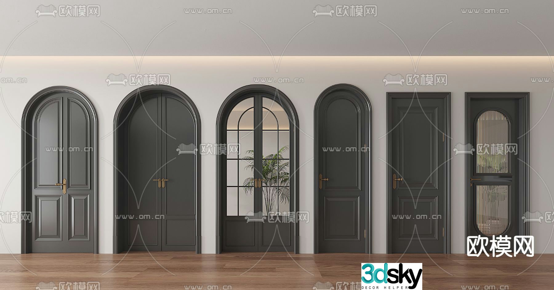 French round arch double door swing door 3D model