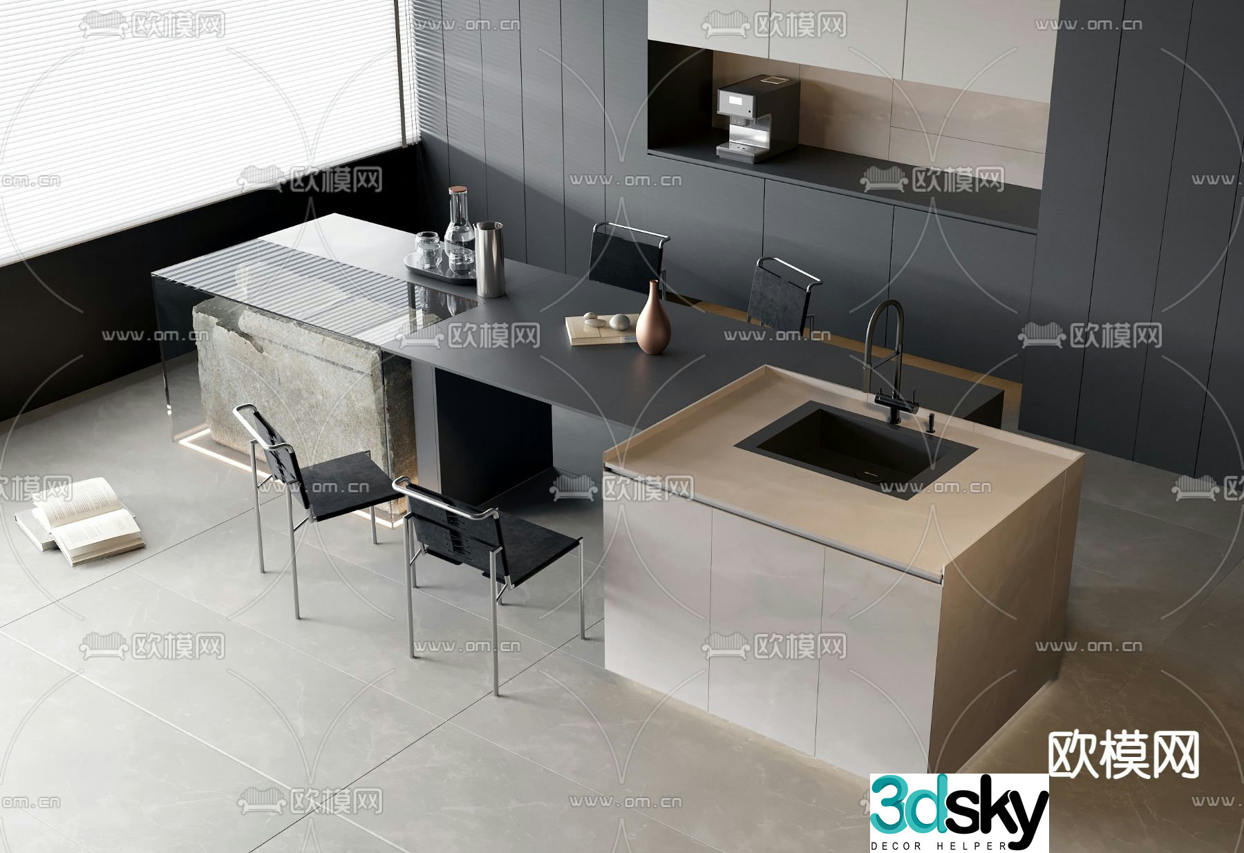 High-end gray dining table and chairs island dining table 3D model