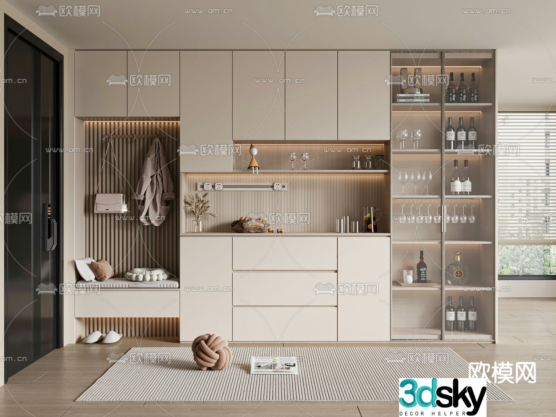 Cream style shoe cabinet wine cabinet integrated cabinet 3D model