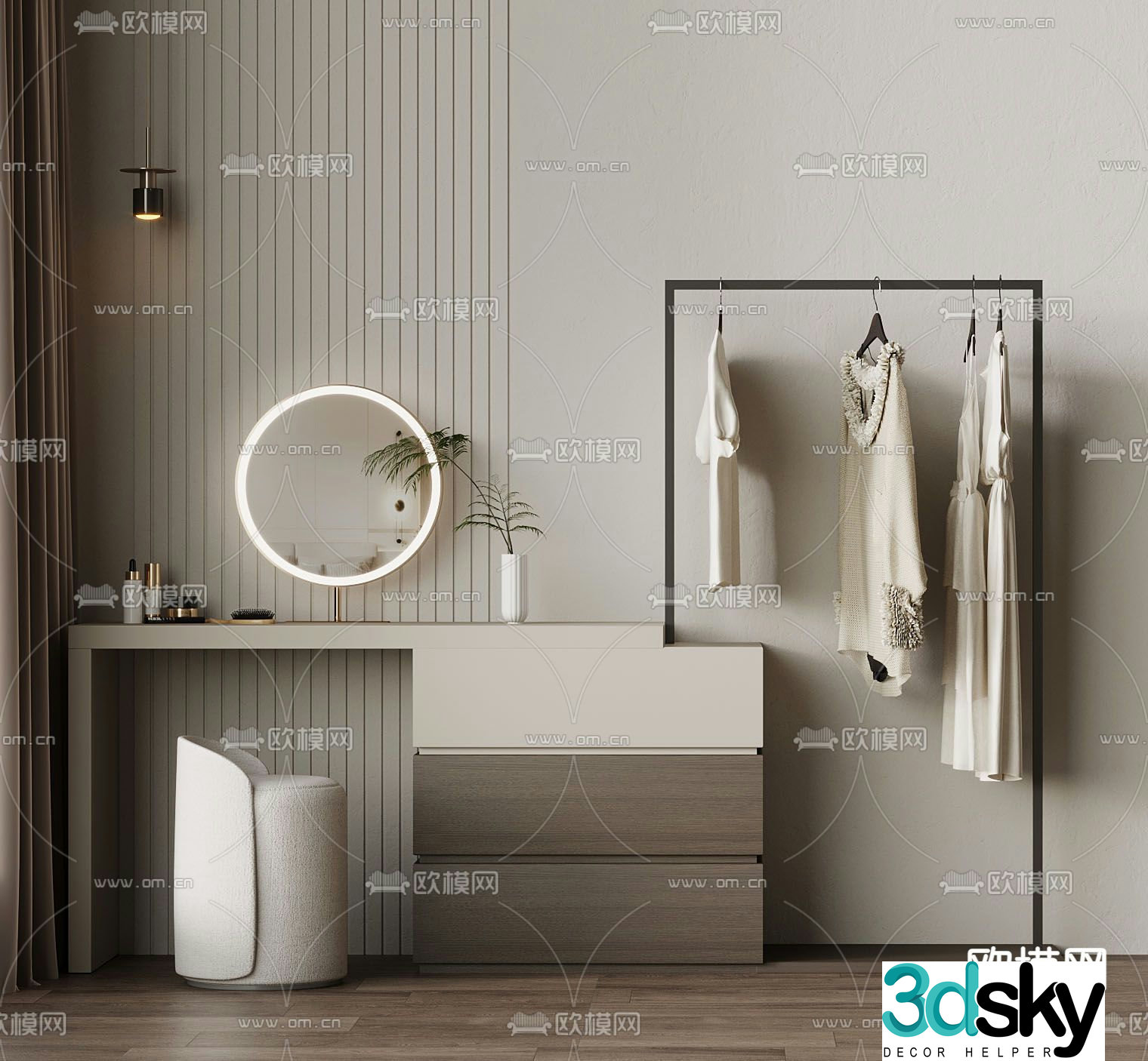 Cream style dressing table makeup table 3d model