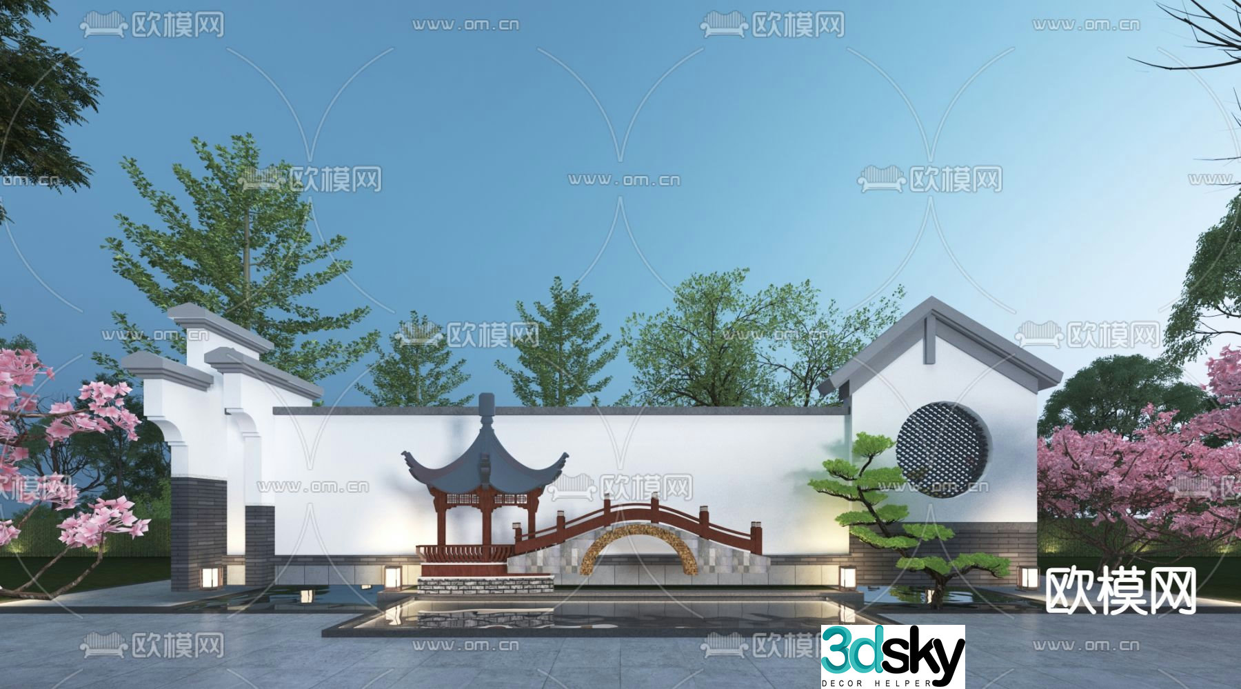 New Chinese style arch bridge waterscape sketch 3D model
