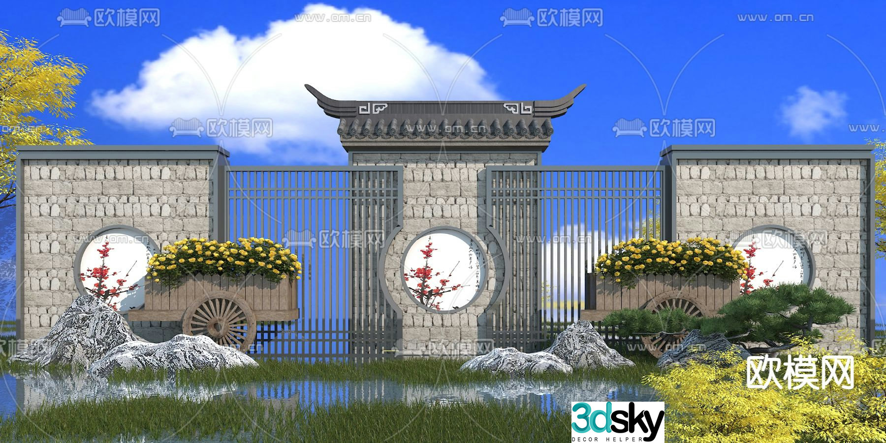 New Chinese style landscape wall outdoor landscape wall ancient building landscape wall 3D model