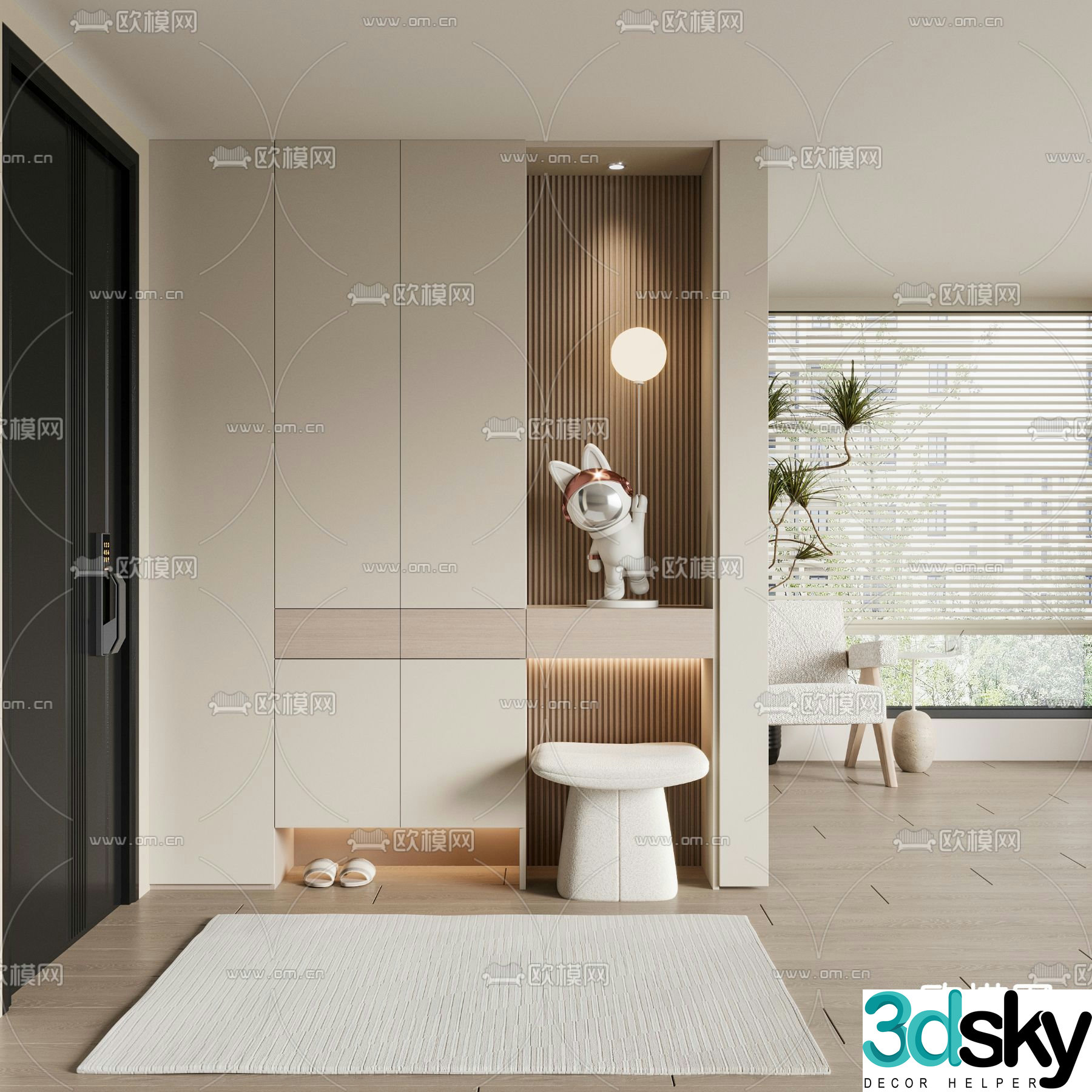 Entrance shoe cabinet and shoe changing stool 3D model
