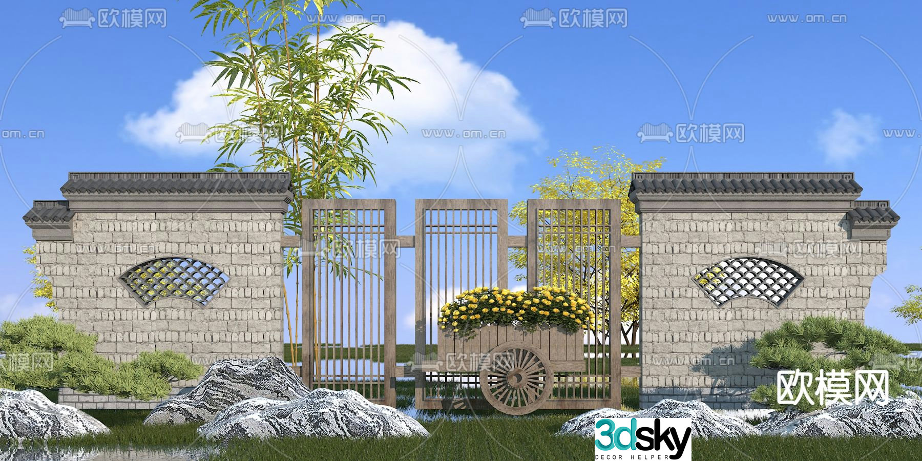 New Chinese style landscape wall outdoor landscape wall ancient building landscape wall 3D model
