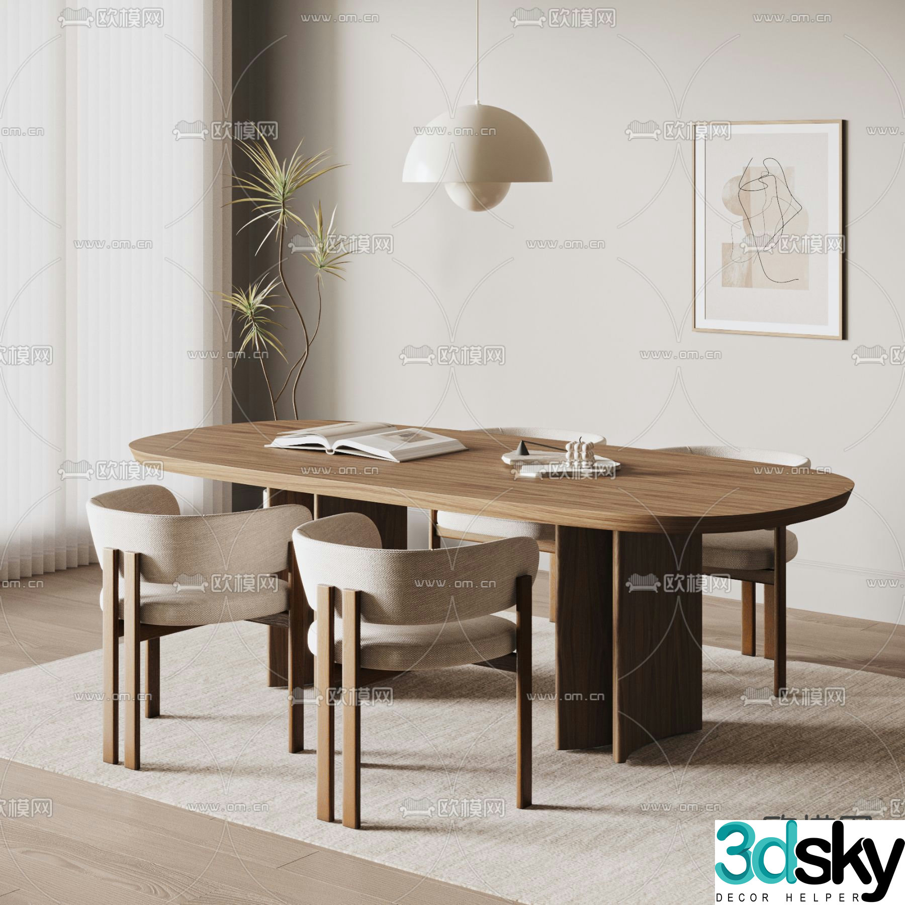 Wabi-sabi dining table and chairs 3d model