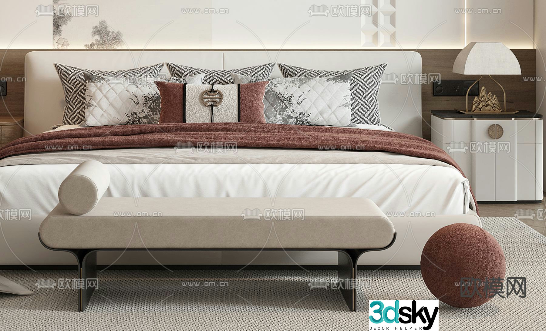 New Chinese style double bed 3d model