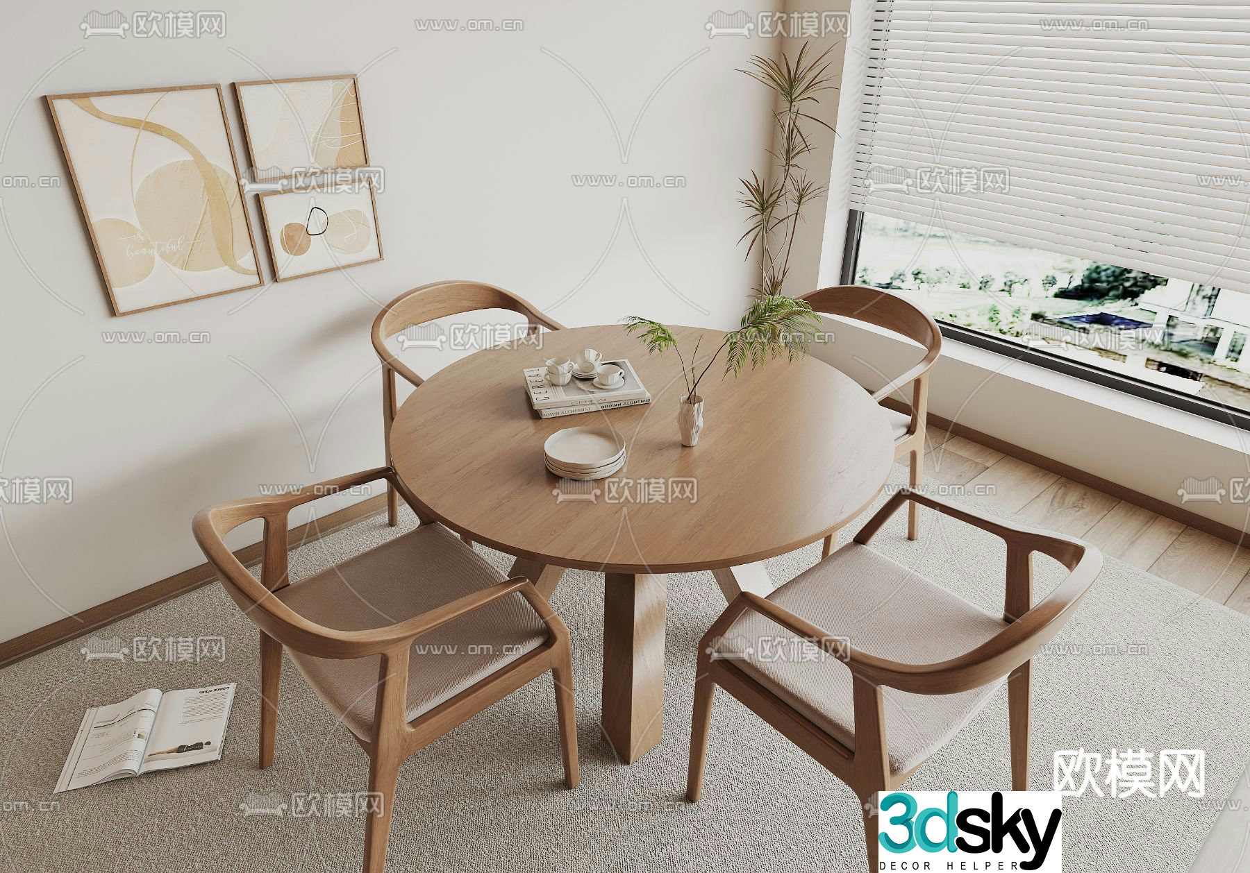 Round dining table and chairs 3d model