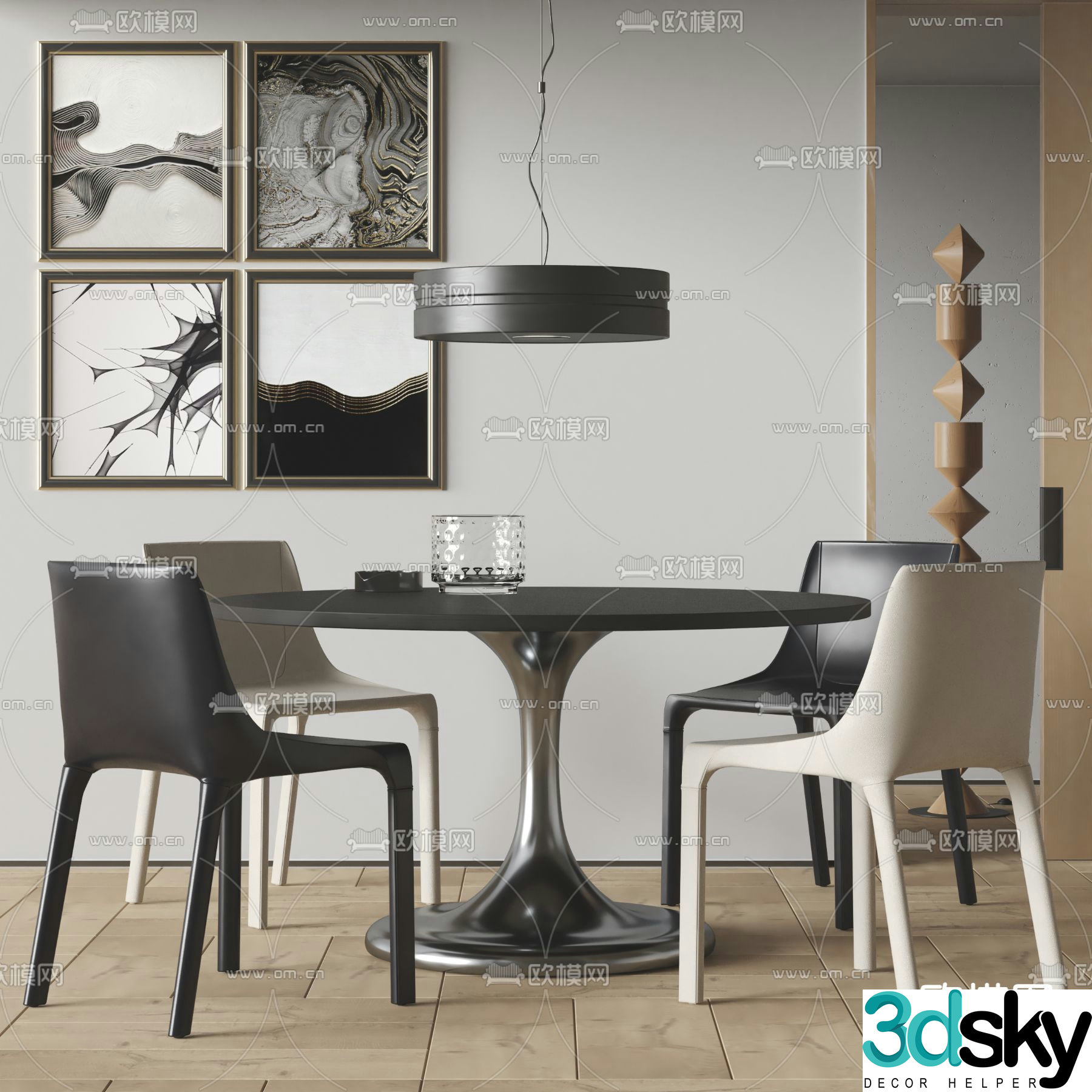 Round dining table and chairs 3d model