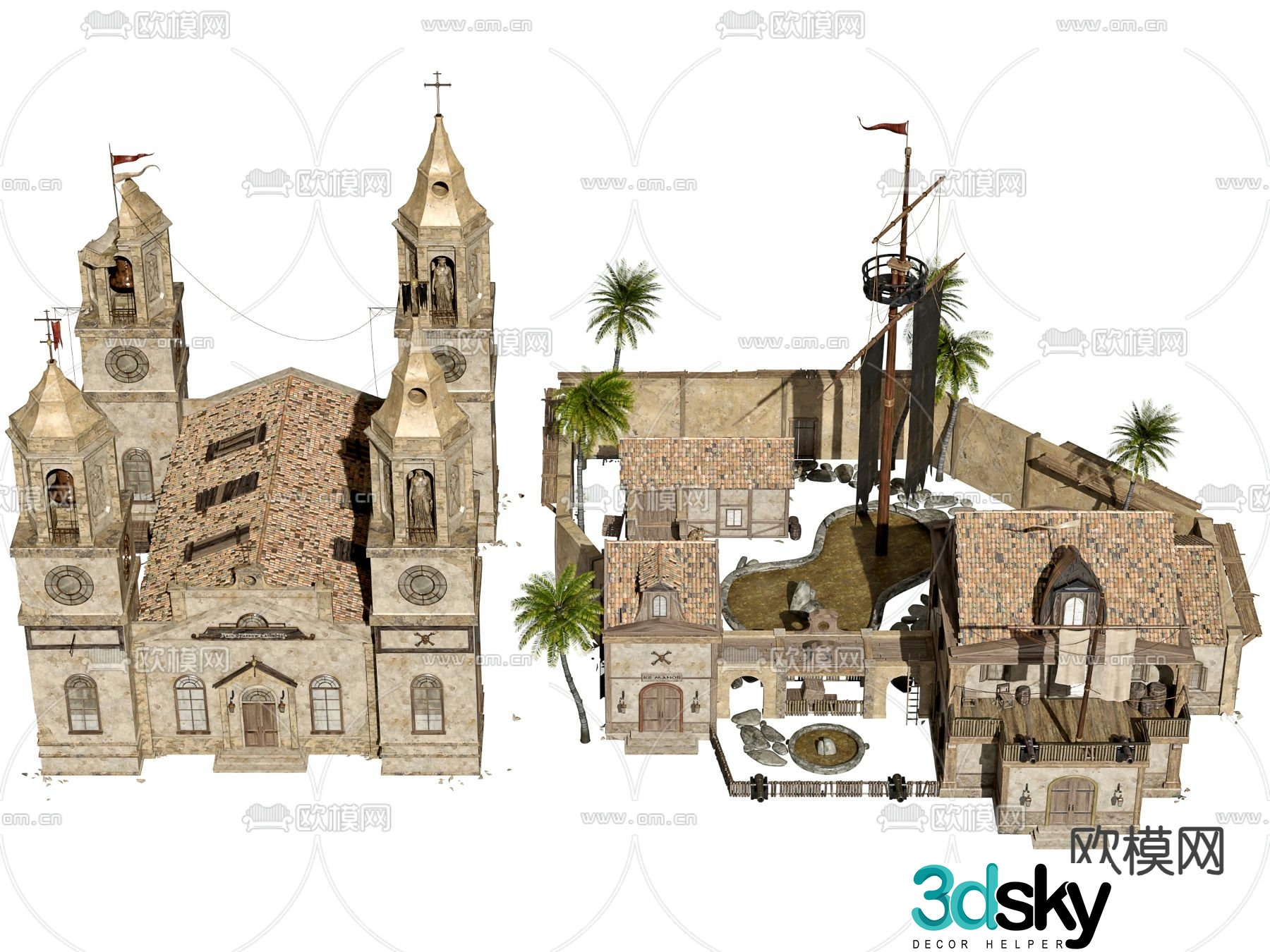 European church ancient building tower 3d model