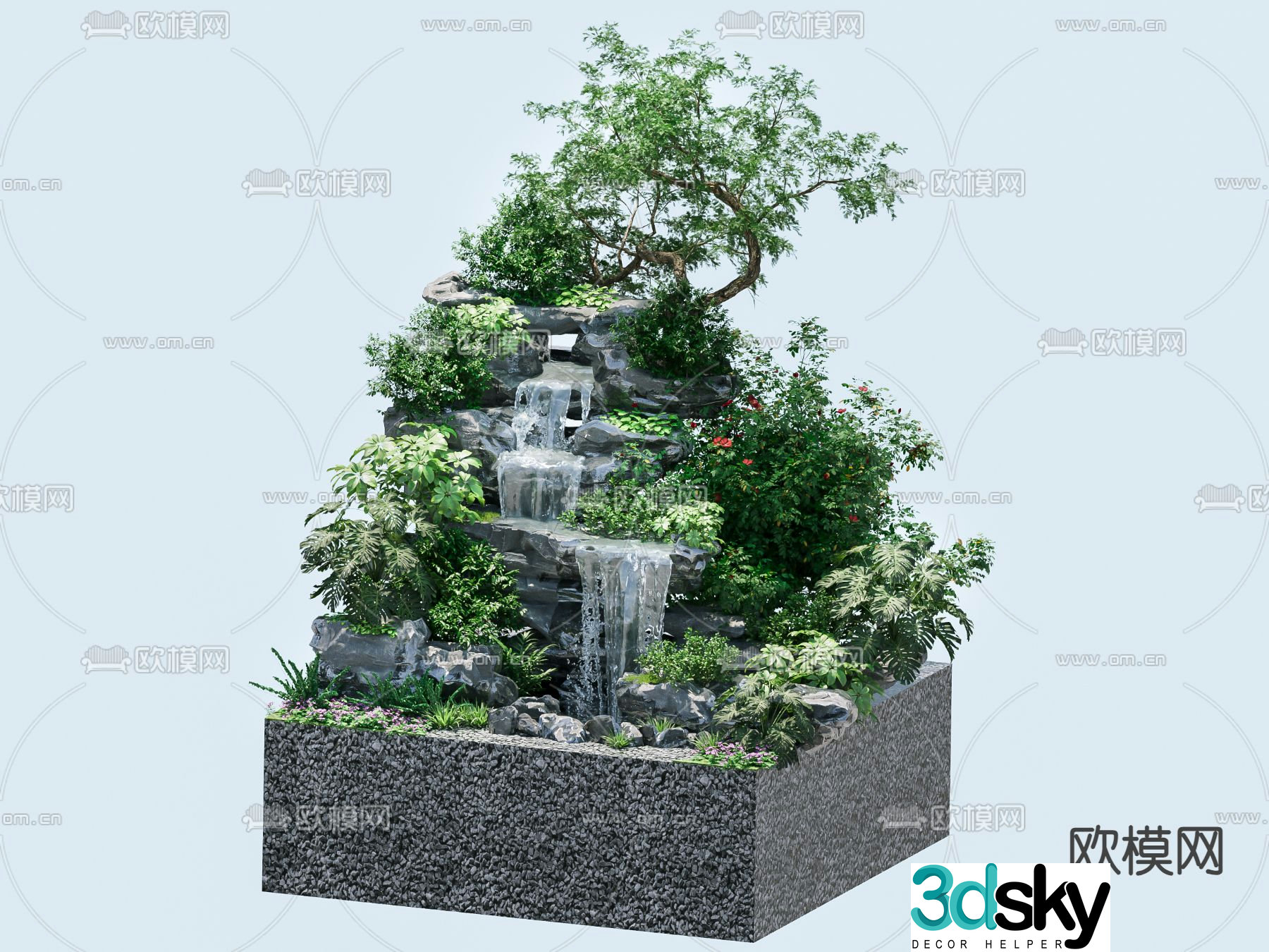 Rockery fountain water feature green landscape 3d model