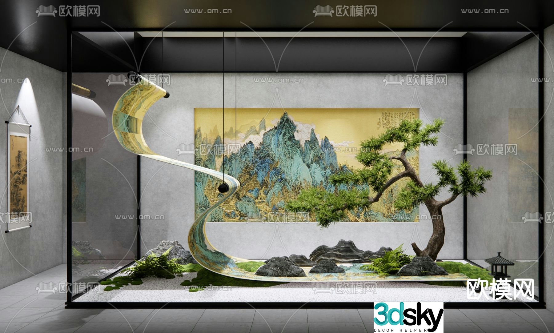 New Chinese style landscape calligraphy and painting landscape sketch 3D model