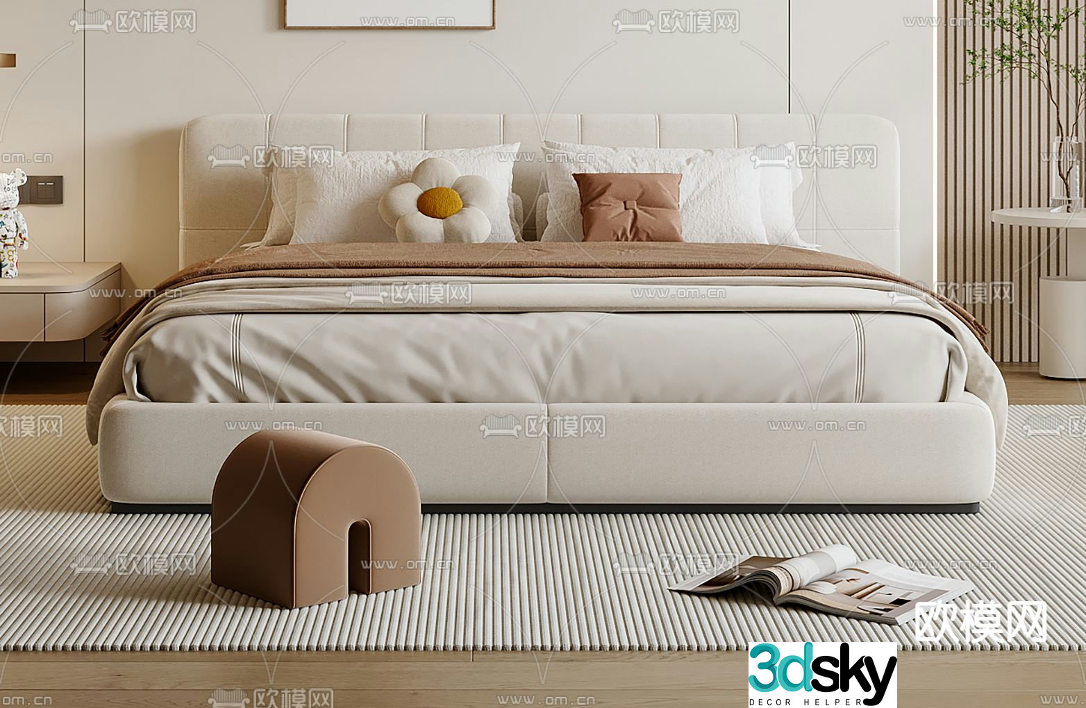 Cream style double bed 3d model