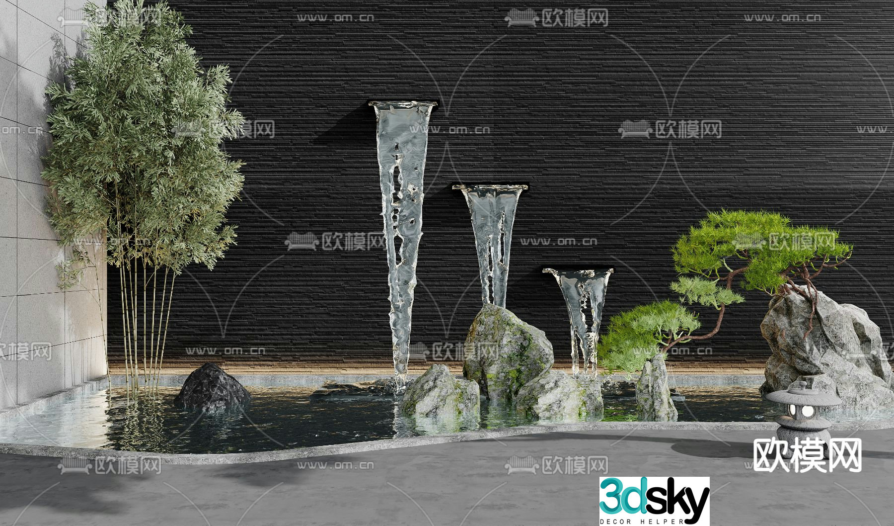 Flowing water feature wall fountain waterfall landscape stone 3D model