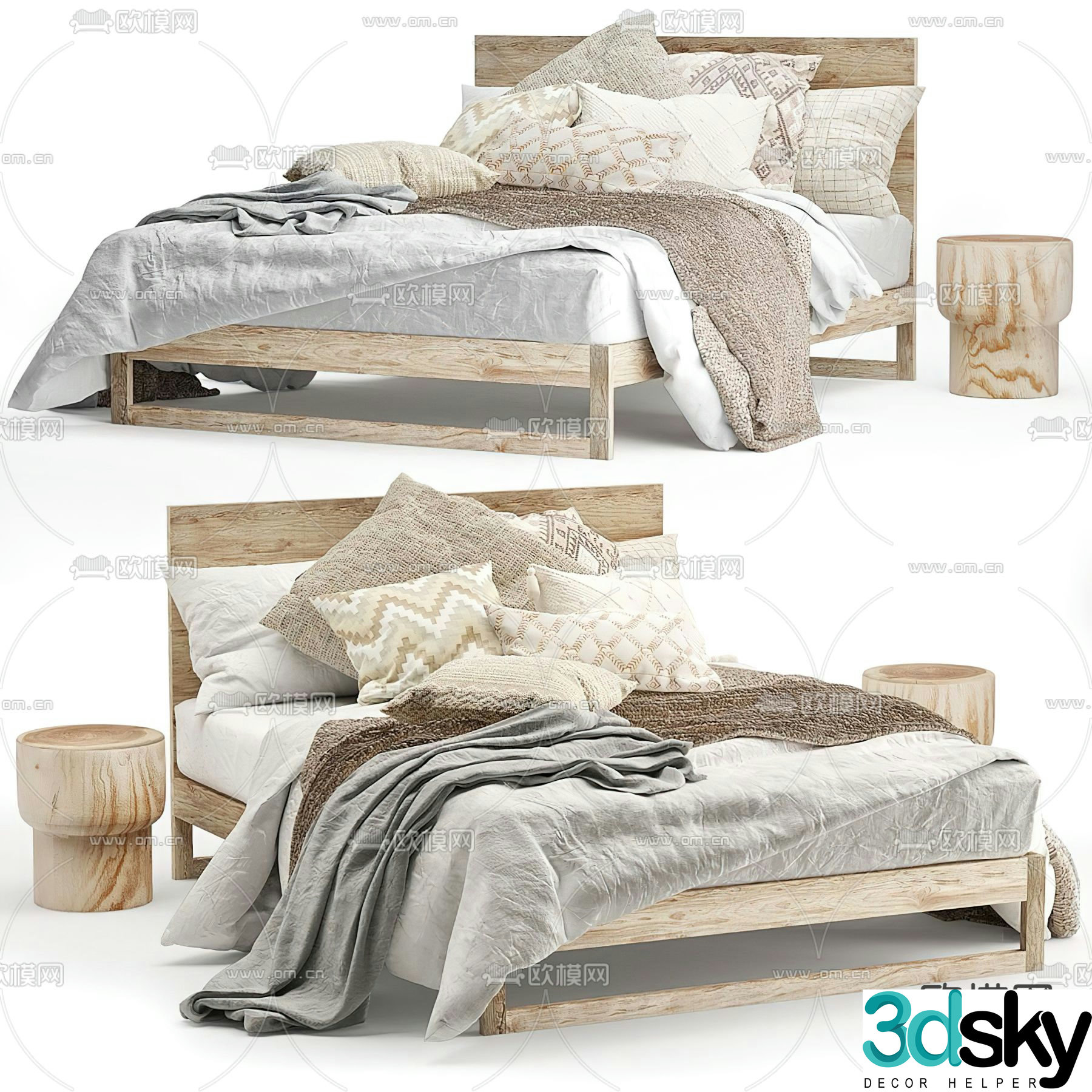 Nordic wooden double bed 3d model