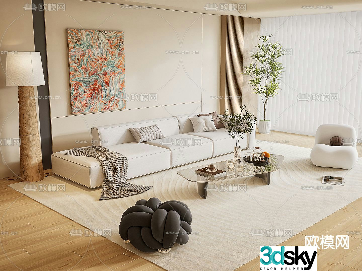 Cream style multi-person sofa 3D model