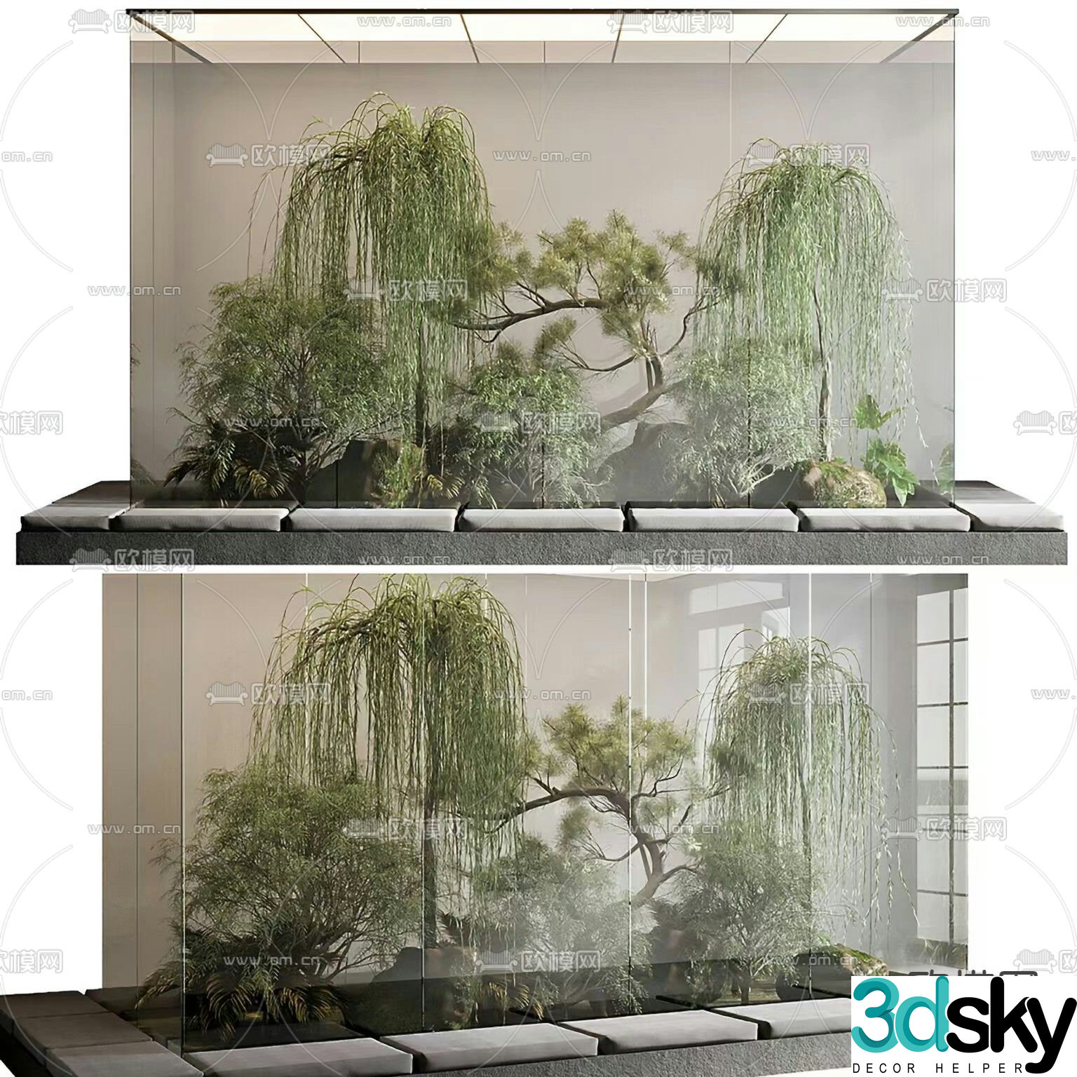 Indoor landscape weeping willow landscaping glass cover 3d model